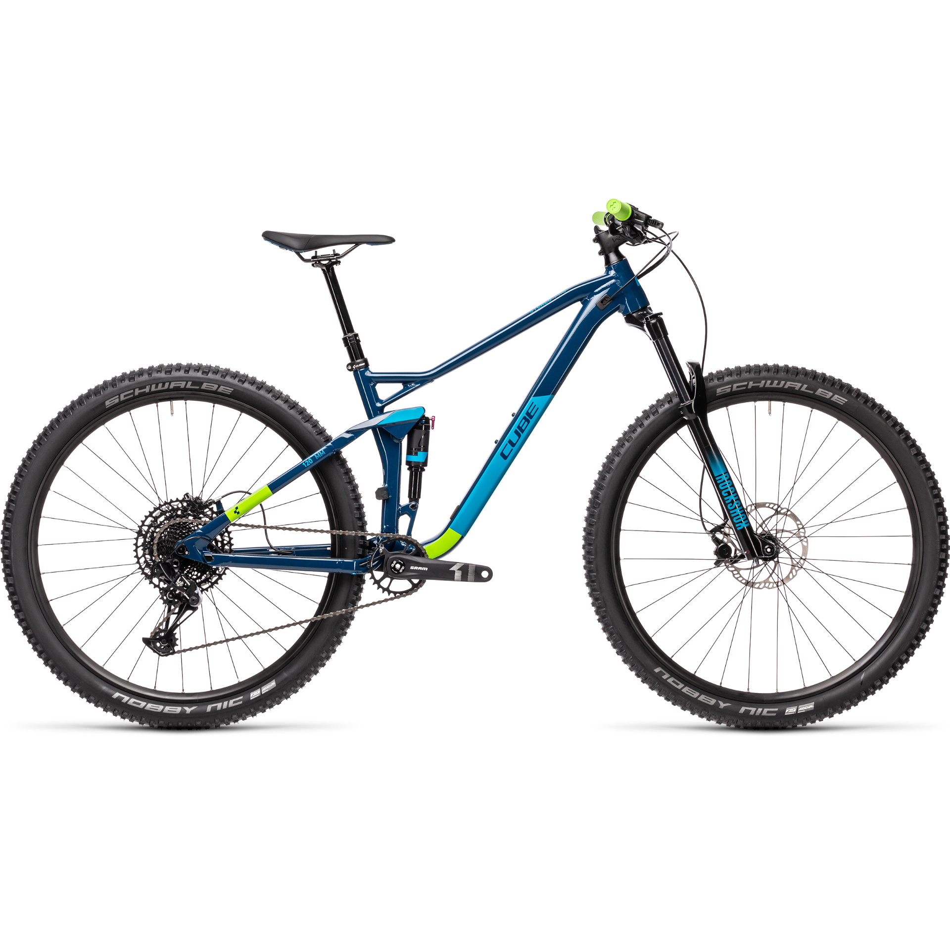 e bike cube full suspension Cube Stereo 120 Pro 29 Mountain Bike Blueberry/Green – 99 Bikes
