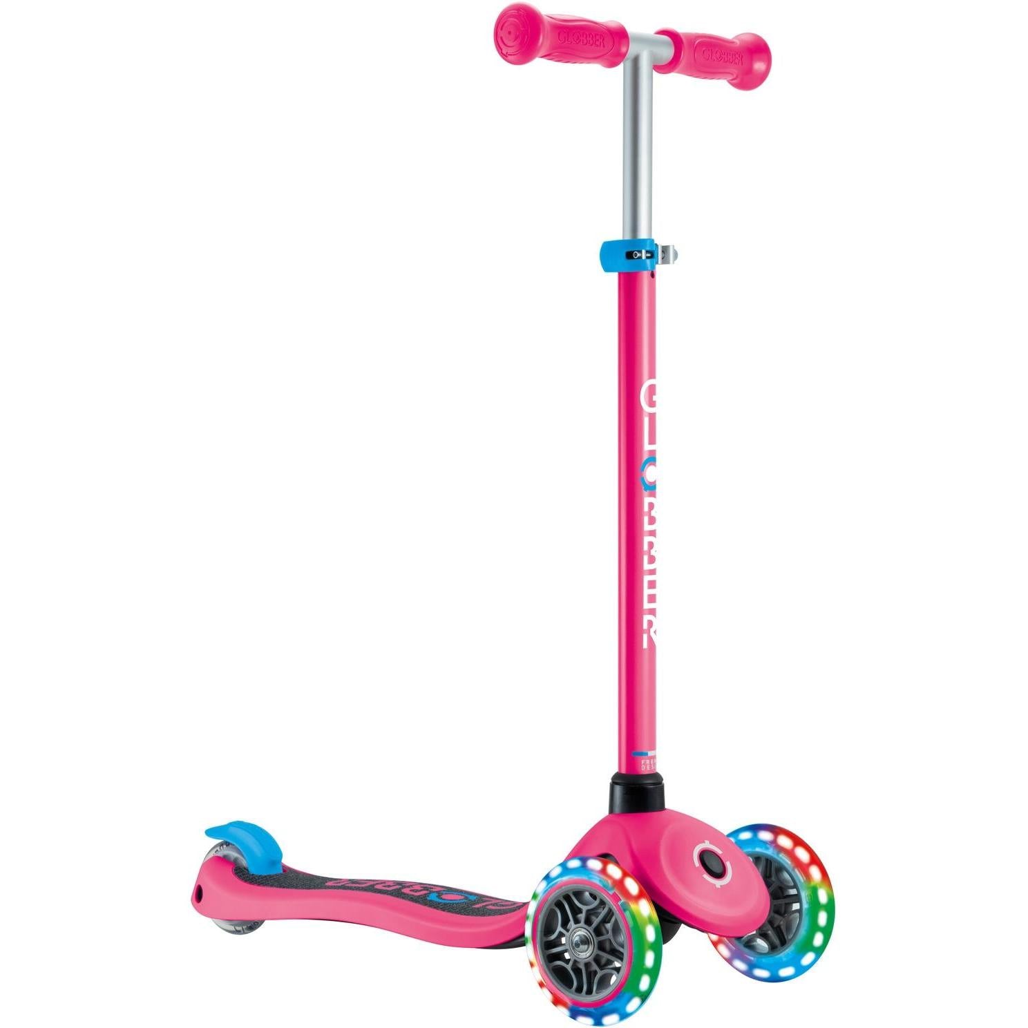 Globber Primo V2 3-Wheel Scooter with Light-Up Wheels and Griptape Fuchsia Pink / Sky Blue