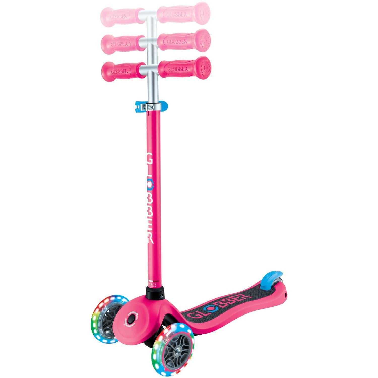 Globber Primo V2 3-Wheel Scooter with Light-Up Wheels and Griptape Fuchsia Pink / Sky Blue