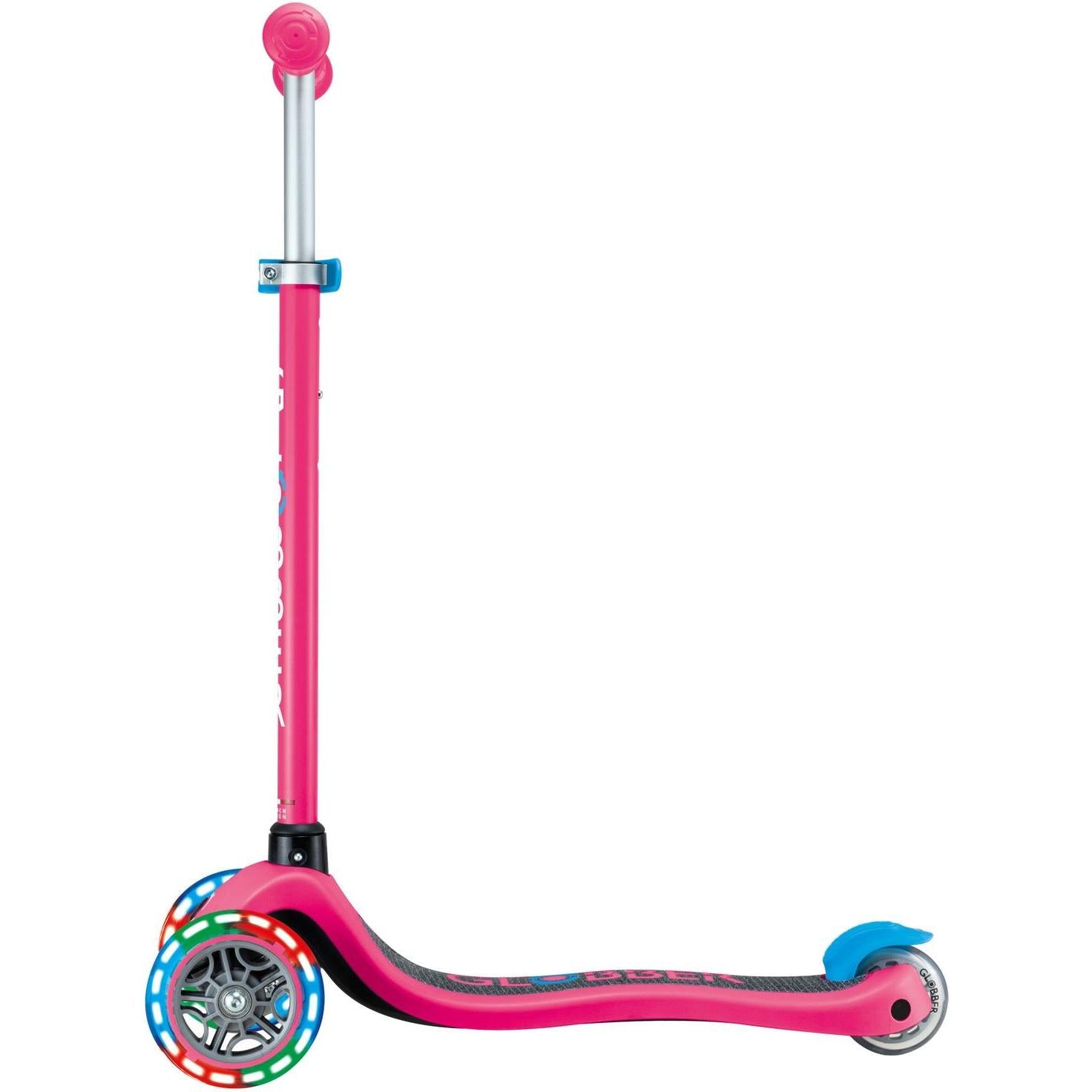 Globber Primo V2 3-Wheel Scooter with Light-Up Wheels and Griptape Fuchsia Pink / Sky Blue