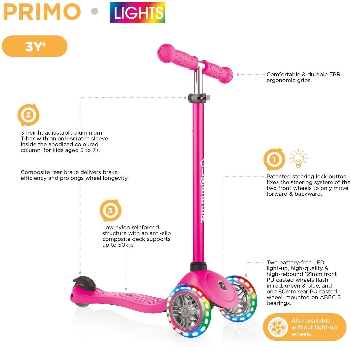 Globber Primo V2 3-Wheel Scooter with Light-Up Wheels and Griptape Fuchsia Pink / Sky Blue