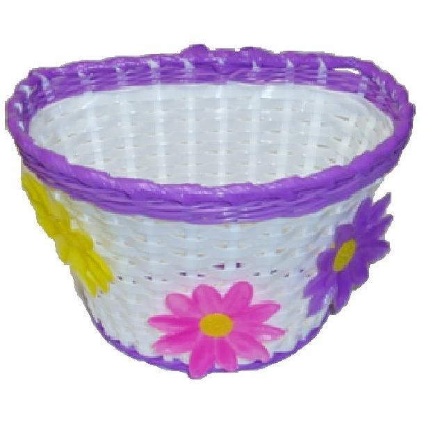 BPW Front Kids Bike Basket White with Purple Strip & Large Flowers