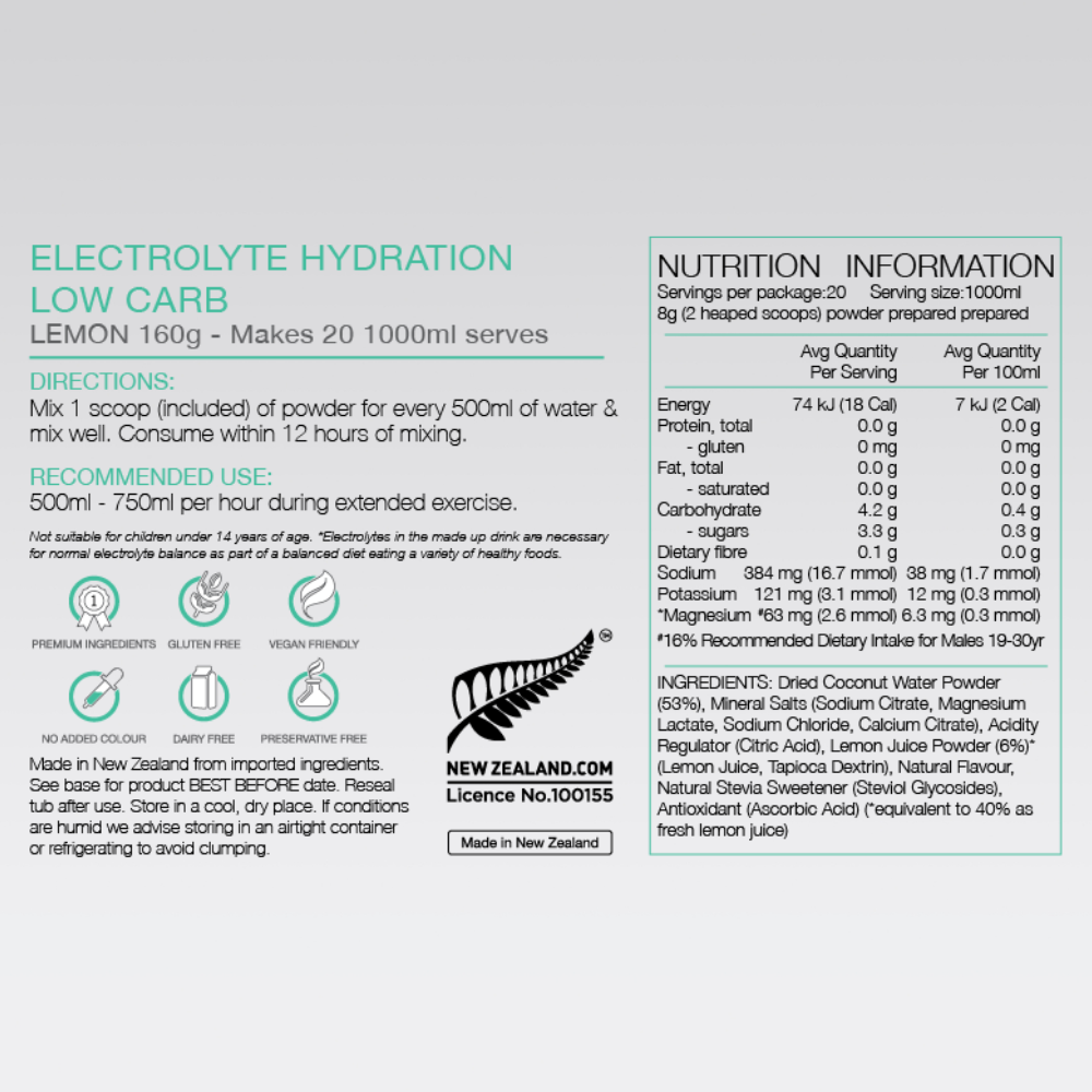 PURE Lemon Low Carb Electrolyte Hydration Powder 160g