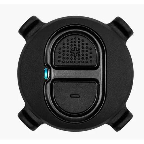 Black circular Zwift Click virtual shifter with plus and minus buttons and a small blue LED indicator light.