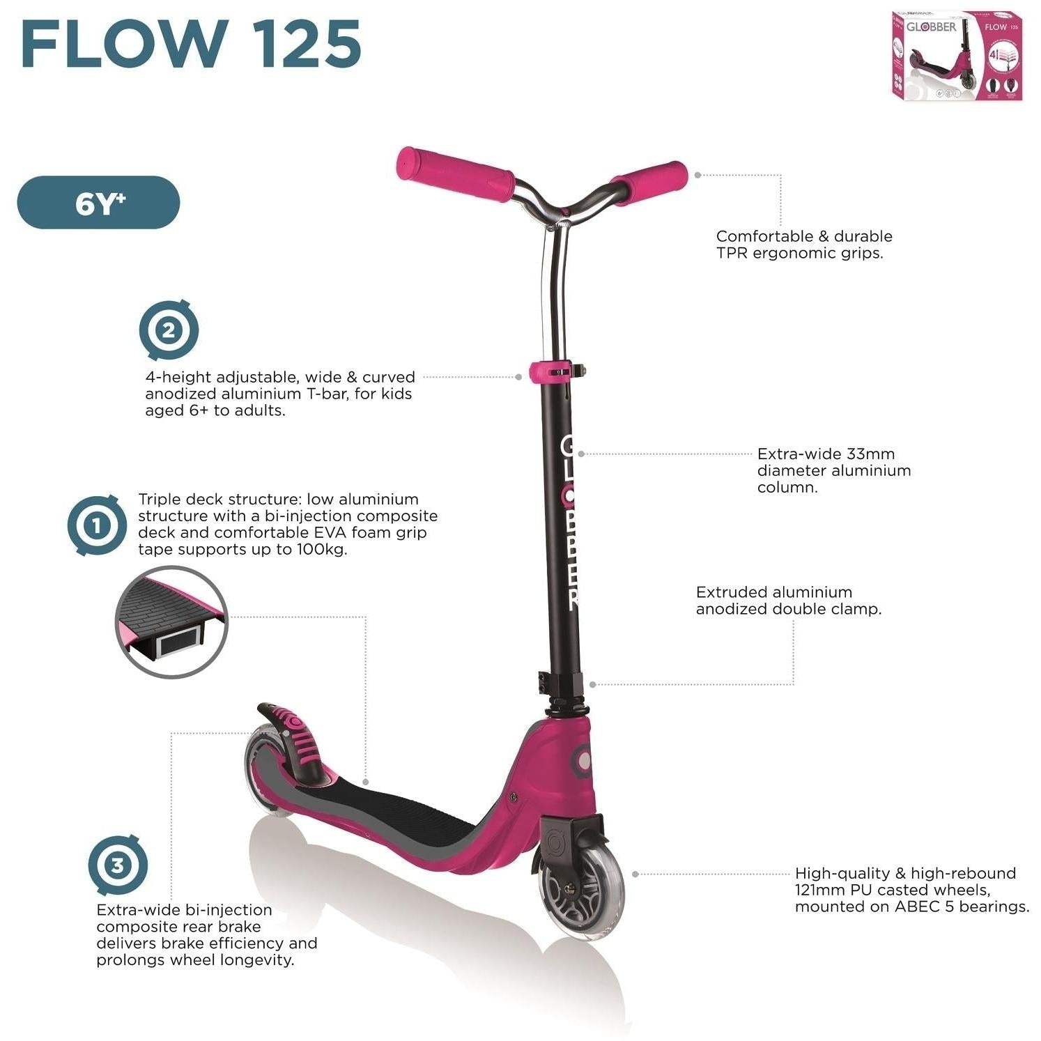 Globber Flow 125 Kids Scooter Ruby