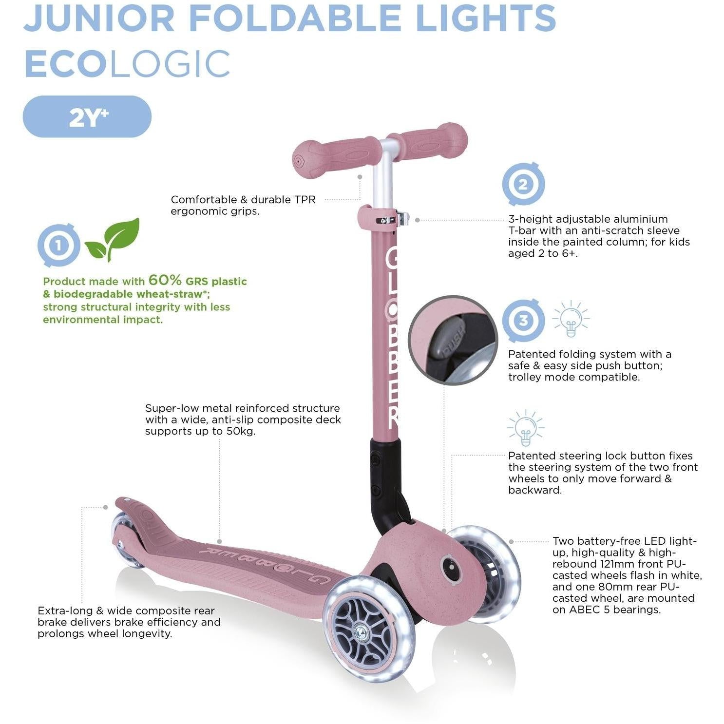 Globber Ecologic Junior Foldable Scooter Lights Berry