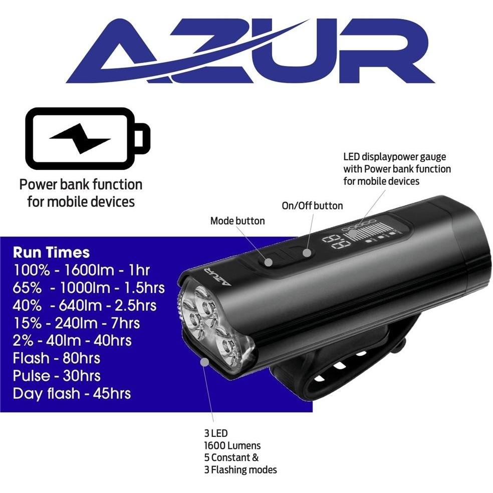 Azurlight Azur USB Polix 1600 Lumens Front Light with Power Bank – 99 Bikes