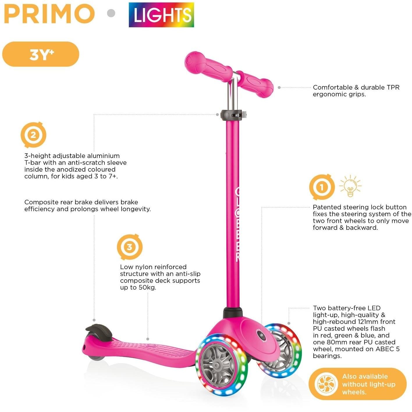 Globber Primo V2 Scooter With Lights And Griptape Lime Green/Navy Blue