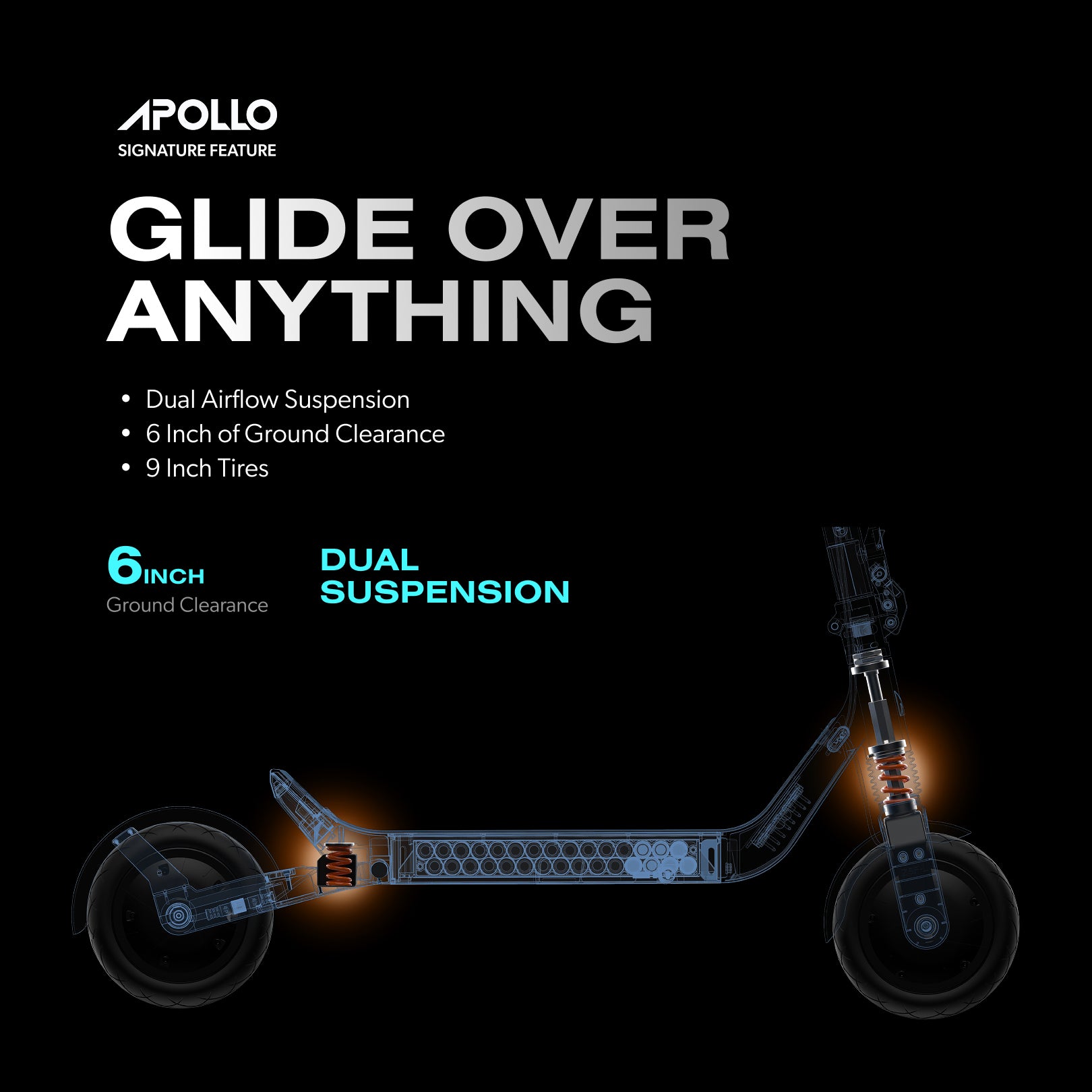 6 inch ground clearance, 9 inch tyres, dual suspension