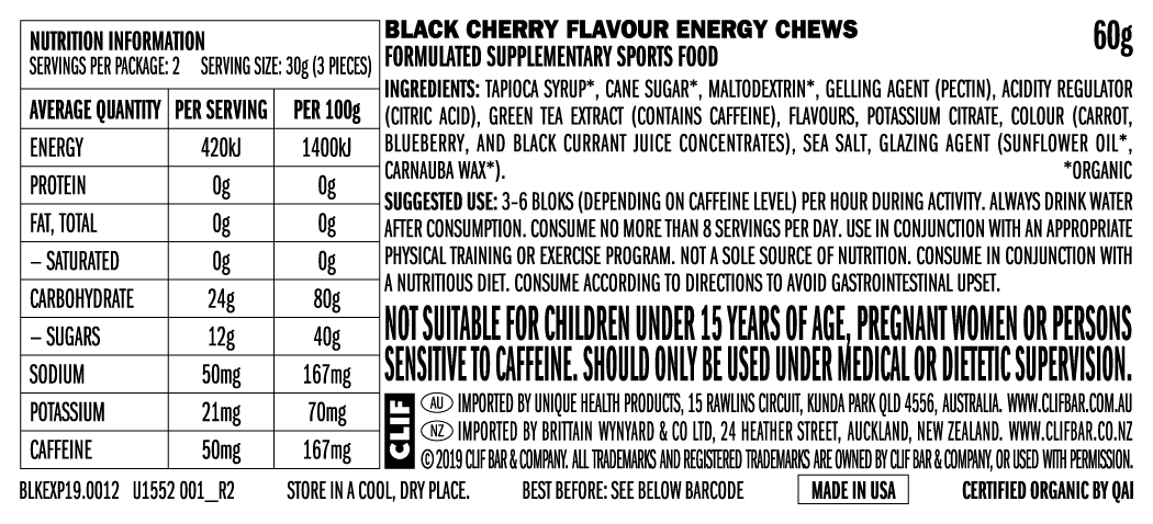 CLIF Bloks Black Cherry Energy Chews 60g (+50mg Caffeine)