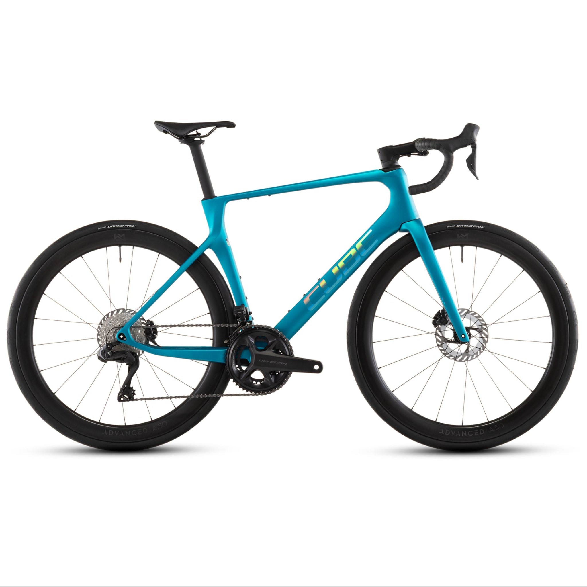 A turquoise and black road bicycle with drop handlebars, disc brakes, and a carbon fiber frame, shown from a side profile on a white background.