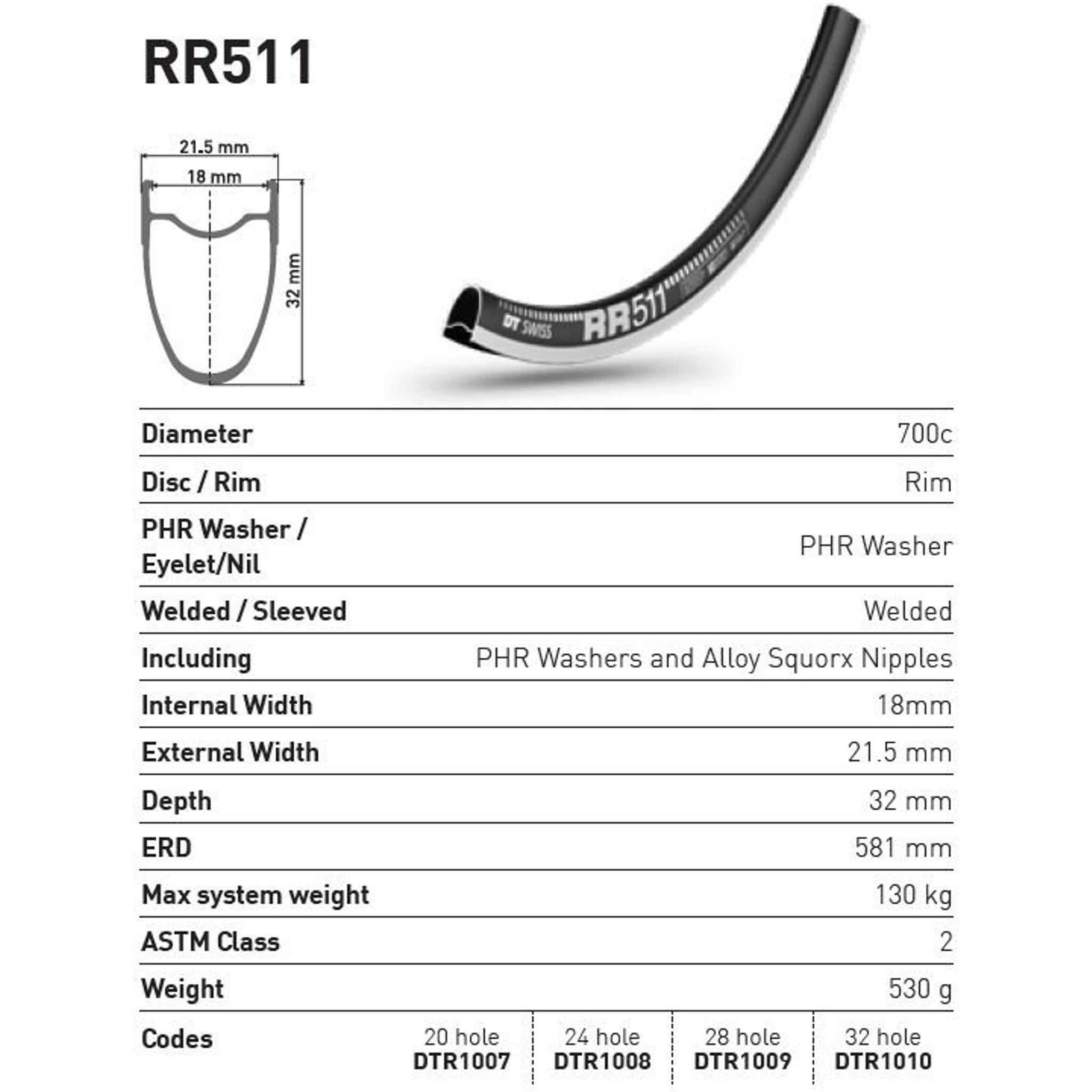 DT Swiss RR 511 Road Rim 700c Black 32H
