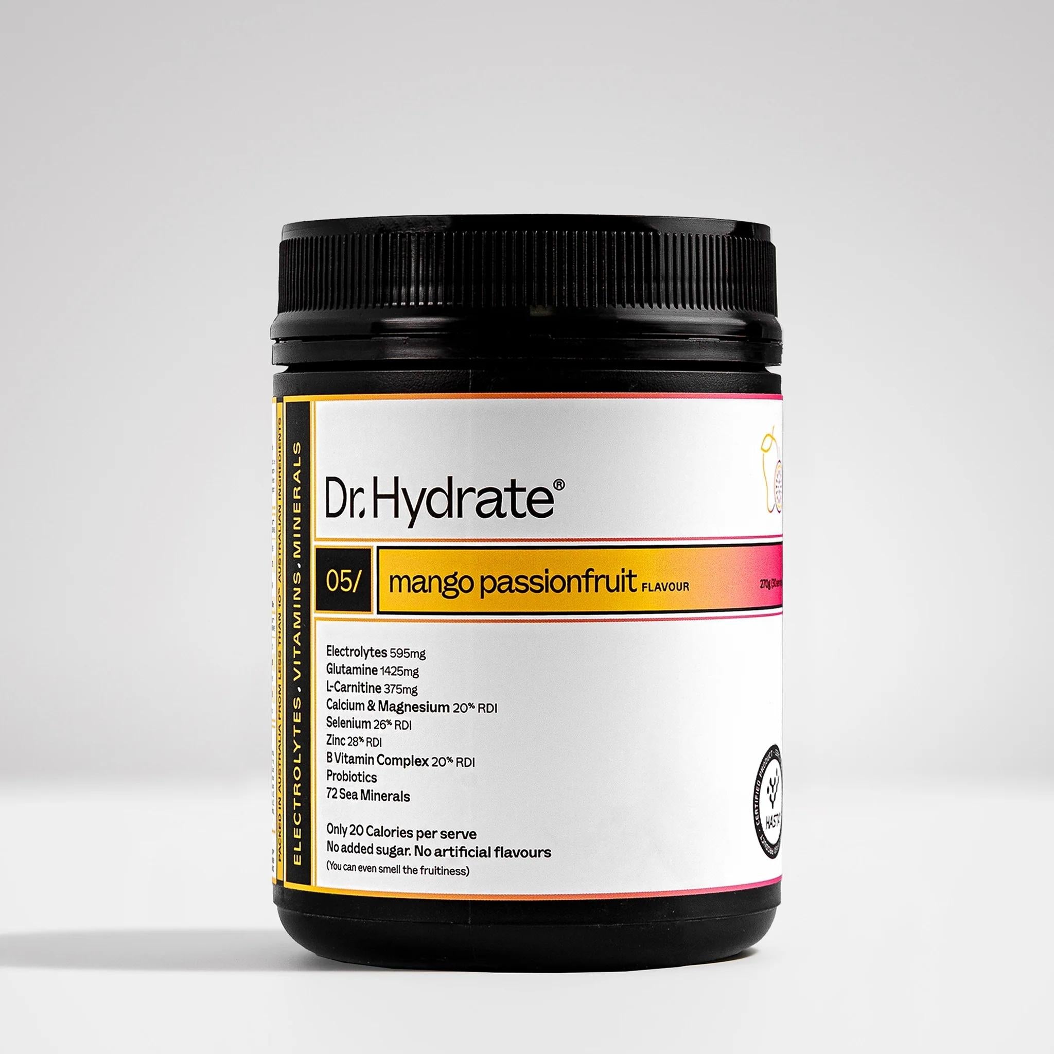 Dr. Hydrate Hydration Mix Jar 270g Mango Passionfruit (30 serves)