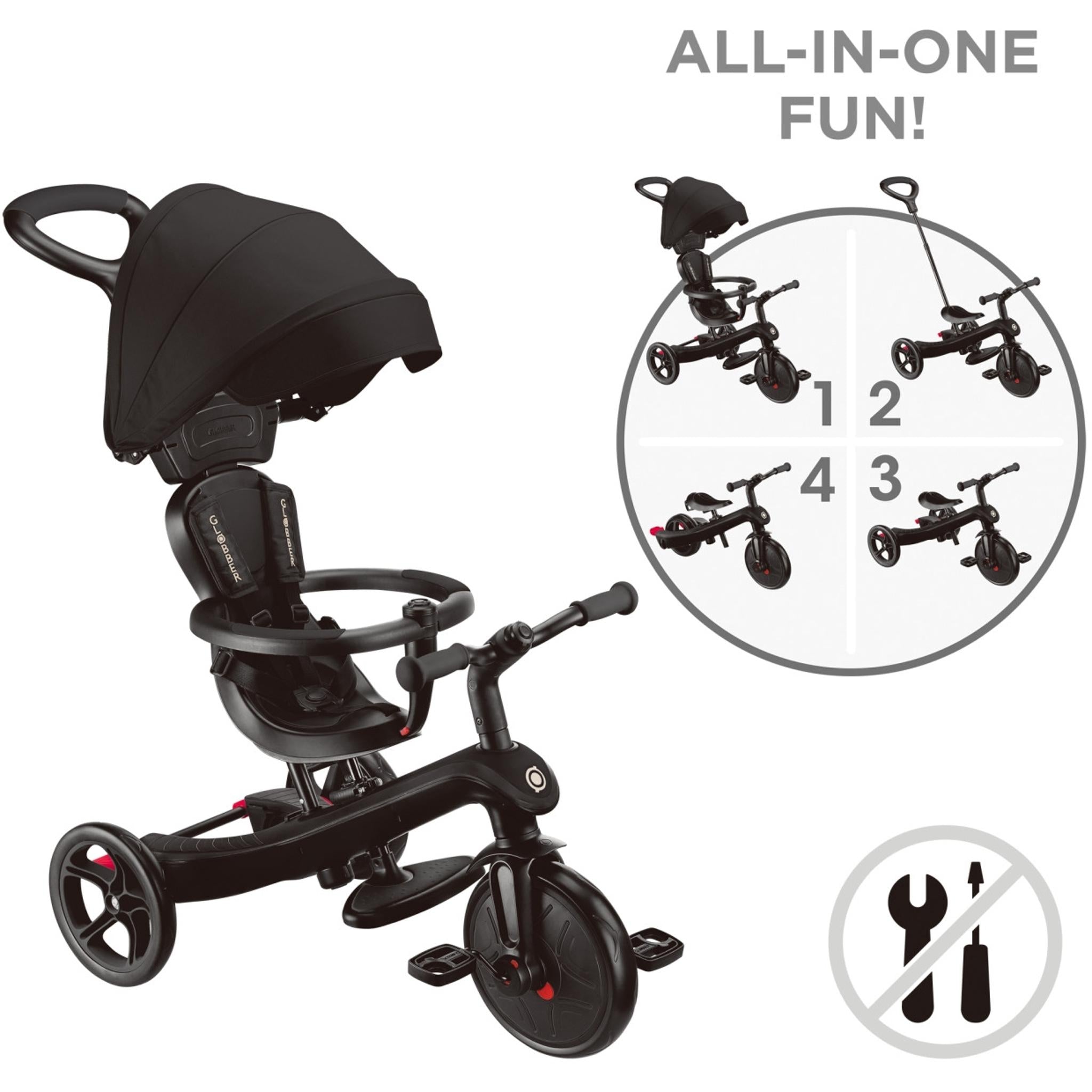Globber Explorer 4in1 Kids Trike w/ Folding Canopy Black