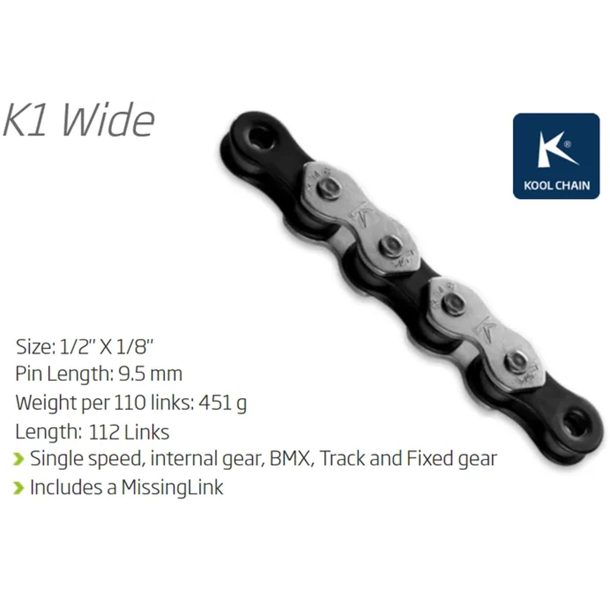 KMC K1 Wide Single-Speed Freestyle Chain 1/2 x 1/8'' 112L Silver/Black