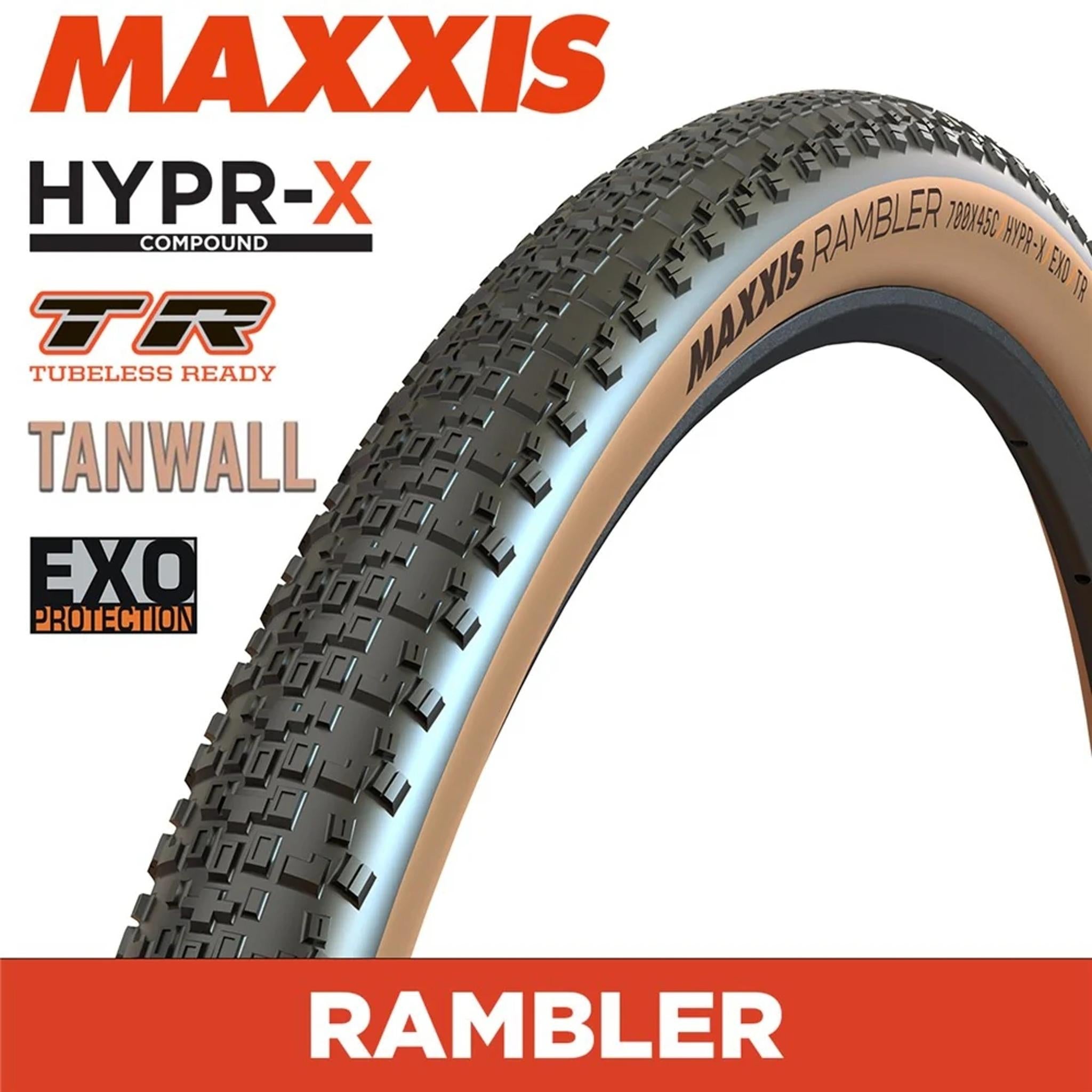 Maxxis Rambler HYPR-X EXO TR 120TPI Folding Gravel Tyre 700 x 45c Tanwall