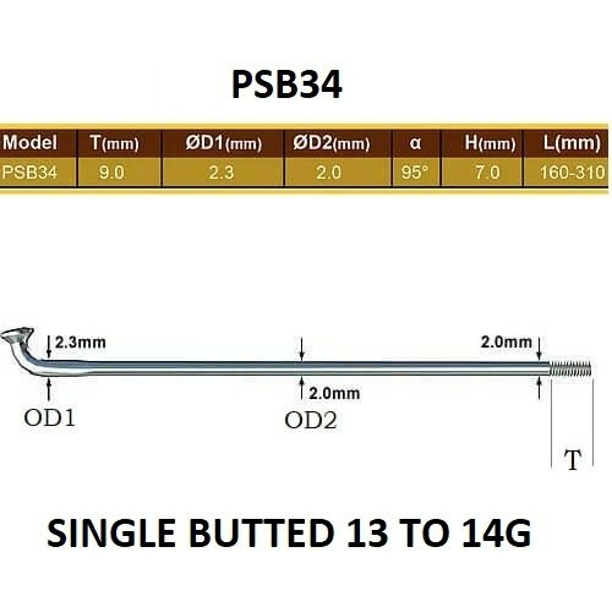 Pillar PSB34 Single Butted Spokes 13/14G 286mm Black