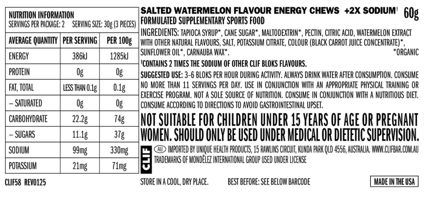 CLIF Bloks Salted Watermelon Energy Chews 60g (+2x Sodium)