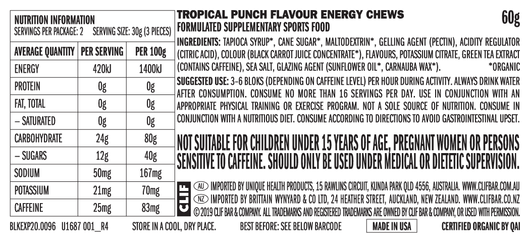 CLIF Bloks Tropical Punch Energy Chews 60g (+25mg Caffeine)