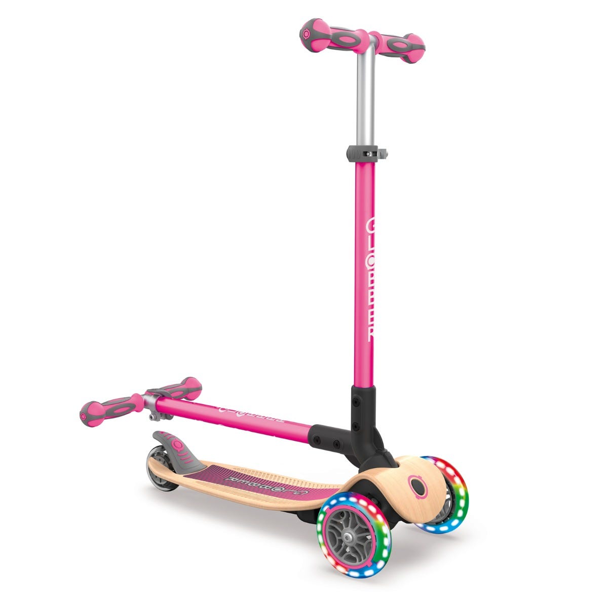 Globber Primo Foldable Wood Lights 3 Wheel Kids Scooter Pink
