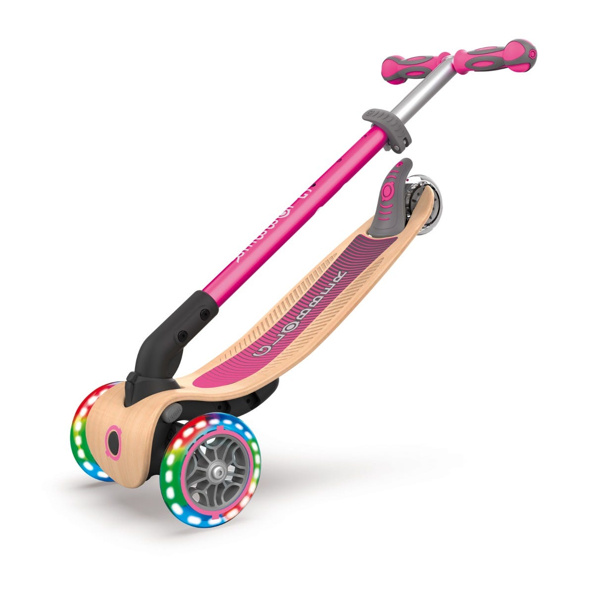 Globber Primo Foldable Wood Lights 3 Wheel Kids Scooter Pink
