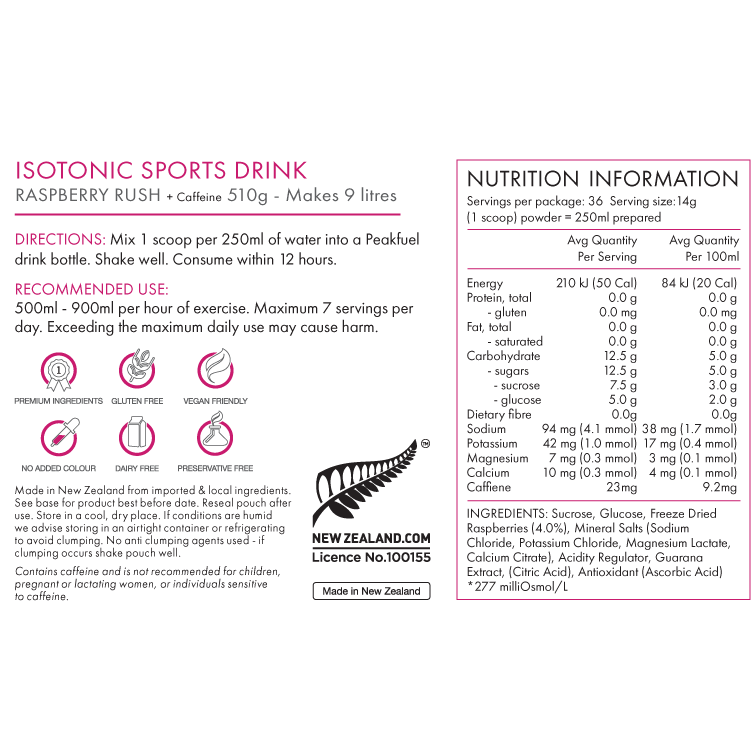 PeakFuel Raspberry Rush Caffeinated Isotonic Sports Drink 510g