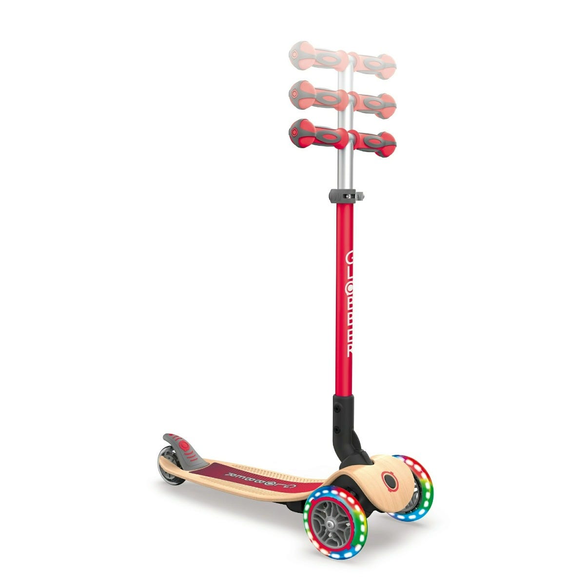 Globber Primo Wooden Foldable 3 Wheel Kids Scooter with Lights Red