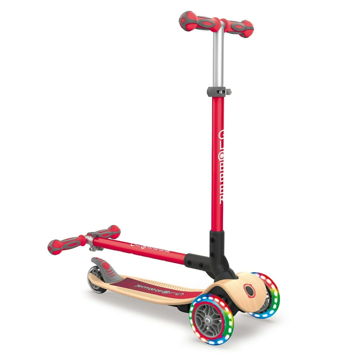 Globber Primo Wooden Foldable 3 Wheel Kids Scooter with Lights Red