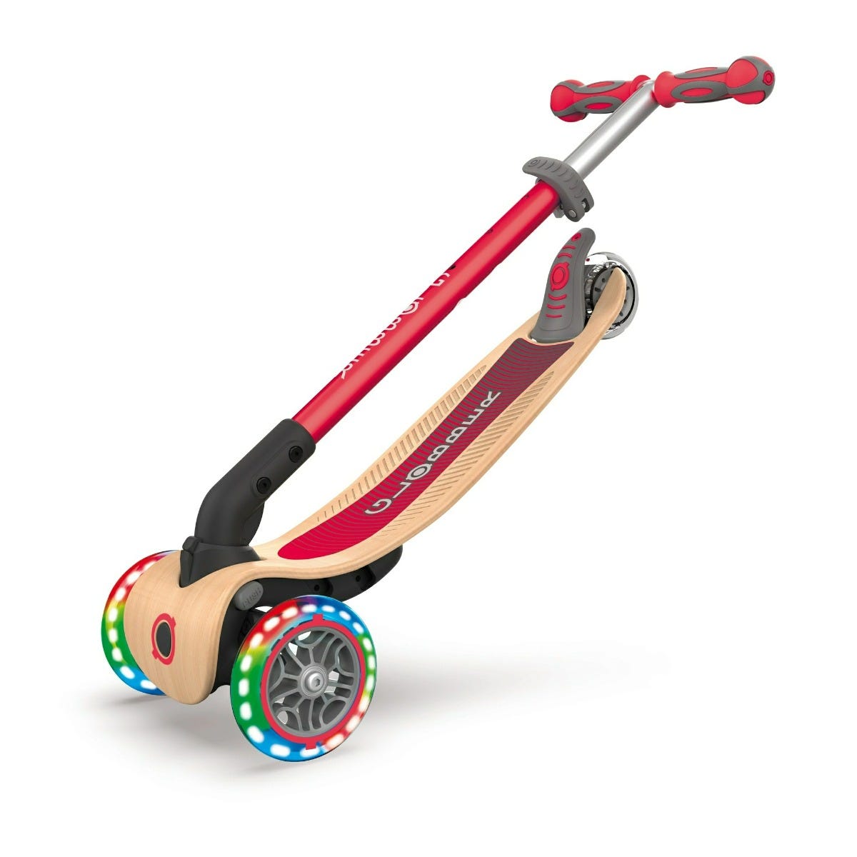 Globber Primo Wooden Foldable 3 Wheel Kids Scooter with Lights Red